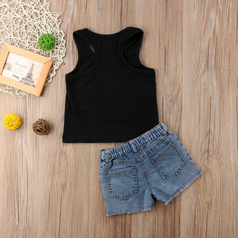 Honganda Fashion 2Pcs Toddler Kids Baby Girl Sunflower Outfits Sleeveless Tank Top+Denim Shorts Summer Clothes (3 Flowers Black, 4T / 5T) - Image 3
